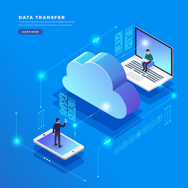 Transferência e armazenamento de dados de tecnologia de nuvem de conceito isométrico. informações de conexão. ilustrações.