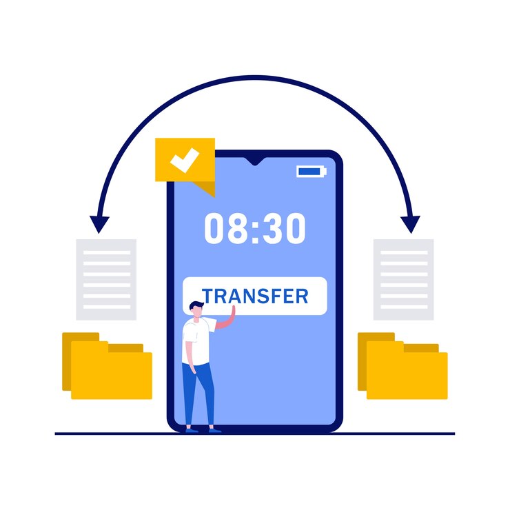 Vetor transfira dados e conceito de documento com personagens. copie arquivos, troca de dados, aplicativo de sincronização, compartilhamento de arquivos via internet.
