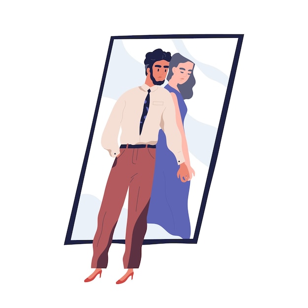 Transgênero do sexo masculino sentindo-se feminino. Conceito de identidade de gênero e transgeneridade. Homem transexual escondendo sua personalidade. Ilustração em vetor plana colorida isolada no fundo branco.