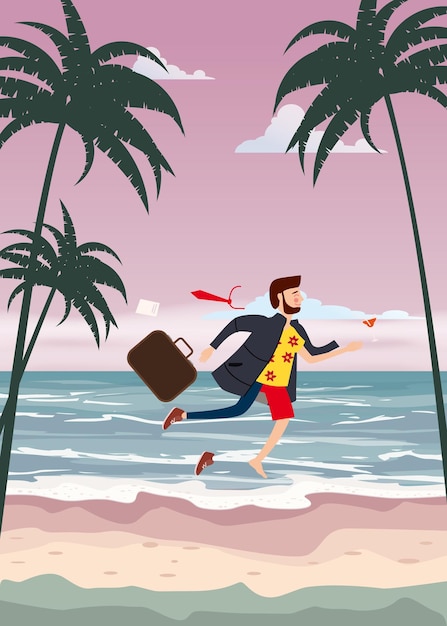 Transição para férias Empresário em roupas de negócios. Praia de férias de verão em Sand Sea Palm
