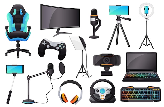 Transmissão ao vivo de desenhos animados e acessórios de jogos equipamento de jogador Microfone fone de ouvido monitor de iluminação da câmera da web conjunto de vetores de engrenagem de vlogging