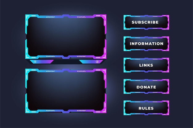 Transmissão ao vivo e design de ícone de streaming com botões design de sobreposição de tela de transmissão com cores azuis e roxas vetor de botão de sobreposição de jogo online futurista com formas abstratas digitais