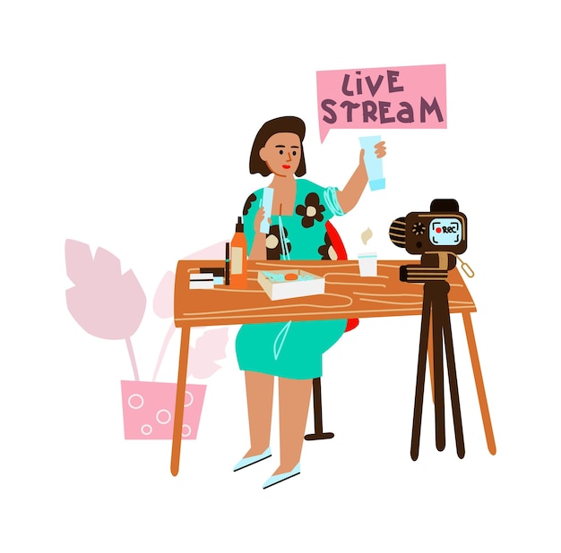 Transmissão ao vivo mulher de desenho animado gravando vídeo para blog blogueiro de beleza mulher sentada à mesa e mostrando produtos para a pele na frente da câmera revisão sobre ilustração vetorial de cosméticos