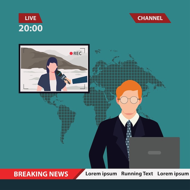 Transmissão de âncora de notícias com reportagem ao vivo na tela vetor