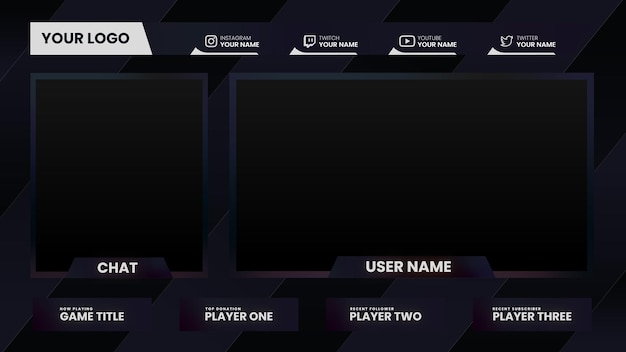 Transmita sobreposição de tema escuro e moderno com facecam e caixa de bate-papo com painéis