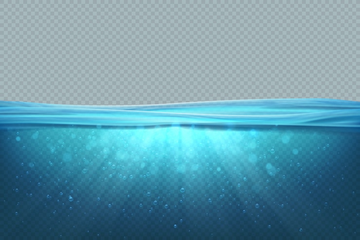 Vetor transparente debaixo d'água. superfície azul realista da água do mar, onda profunda do lago piscina oceano 3d. marinho