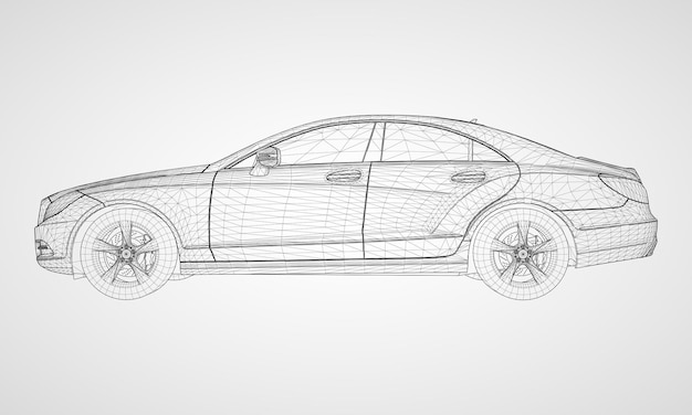 Transporta um sedan premium na forma de uma grade triangular poligonal preta em um fundo cinza