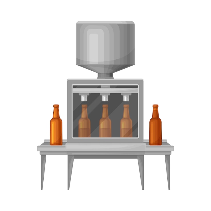 Vetor transportador com processo de engarrafamento automatizado como ilustração do vetor de produção de cerveja