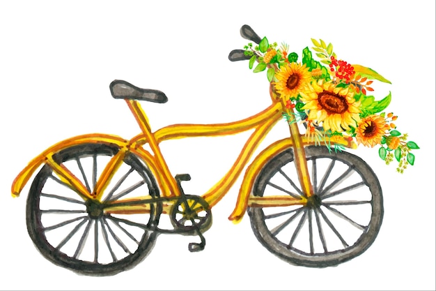 Transporte com abóboras e flores de girassol. Ilustração em aquarela no estilo boho.