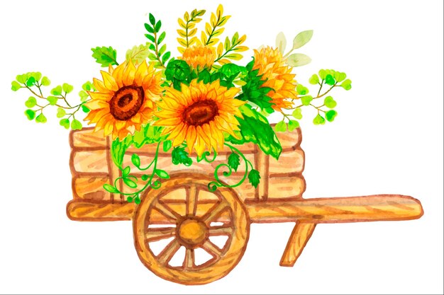 Transporte com abóboras e flores de girassol. Ilustração em aquarela no estilo boho.