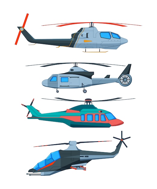 Transporte de avia dos desenhos animados. vários helicópteros isolados no branco