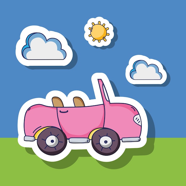 Vetor transporte de carro rosa com nuvens e manchas de sol