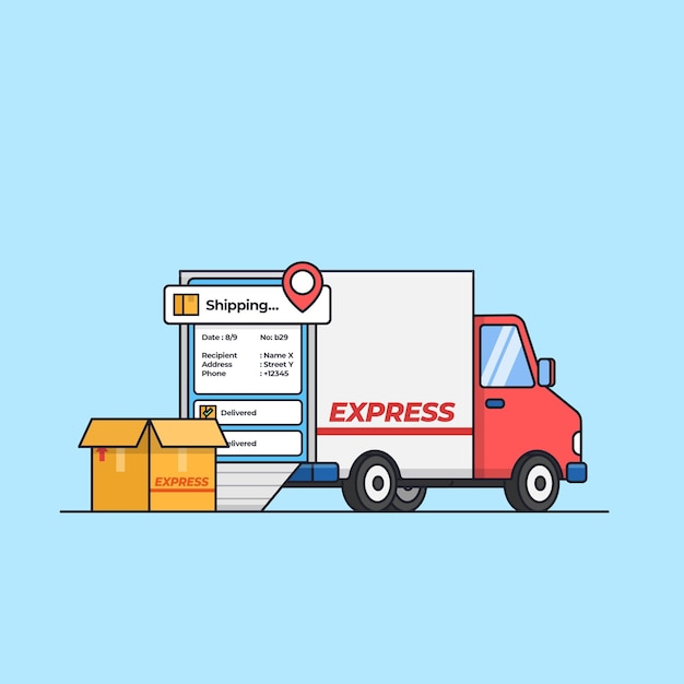 Transporte de frete expresso moderno com ilustração de aplicativo móvel rastreador de localização