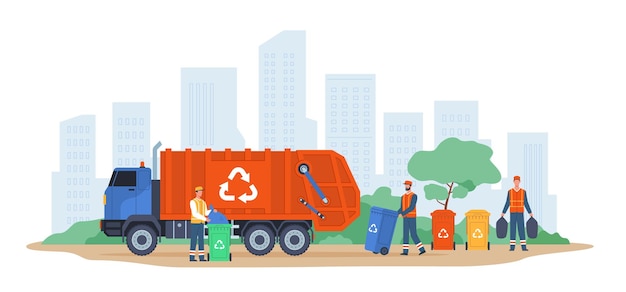 Transporte de lixo Remessa de tanques de lixo em trabalhadores de serviço de catadores de caminhão de lixo pegam lixo da cidade para reciclar recipientes coloridos conceito plano de desenho vetorial