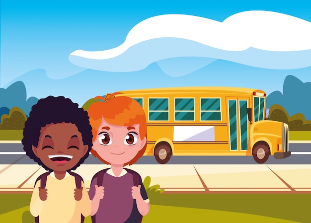Vetor transporte de ônibus de meninos de estudante de volta à escola