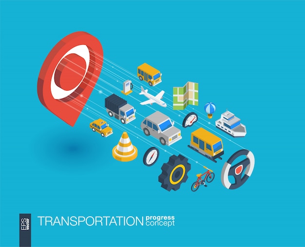 Transporte integrado web ícones. conceito de progresso isométrico de rede digital. sistema de crescimento de linha gráfica conectada. abstrato para o tráfego, serviço de navegação. infograph