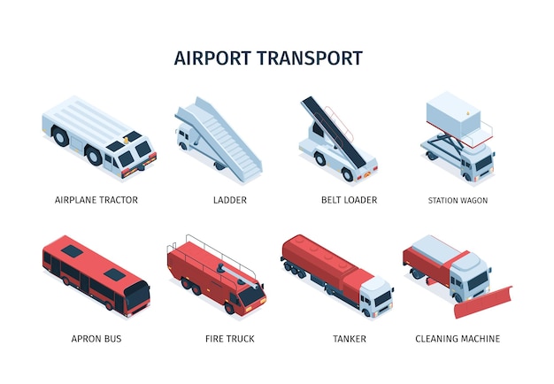Transporte isométrico do aeroporto definido com ícones isolados de ônibus que movem caminhões de escadas e máquinas de limpeza ilustração vetorial