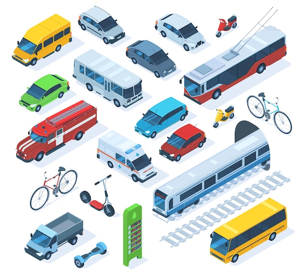 Transporte público isométrico da cidade, scooter, ônibus, carro de bombeiros. Conjunto de ilustração vetorial de carros públicos municipais e particulares, ambulância, caminhão e trem. Transporte urbano urbano