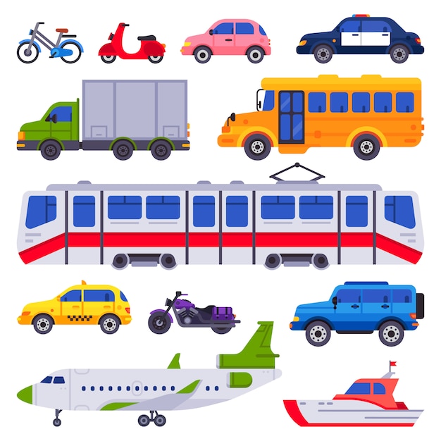 Vetor transporte público. veículo de carro de táxi, trem da cidade e coleção de carros isolados de transportador urbano