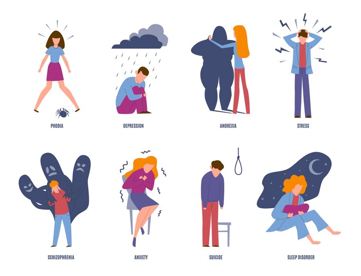 Vetor transtornos mentais, desordem mental. doença psíquica, pessoas com problemas psiquiátricos. fobia, depressão e ansiedade, suicídio. doença mental, mentalidade infeliz emocional