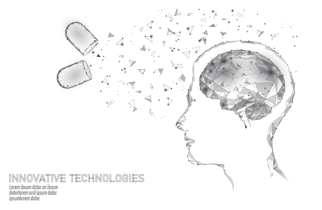 Vetor tratamento cerebral baixo poli d render droga nootrópica estimulante da capacidade humana saúde mental inteligente