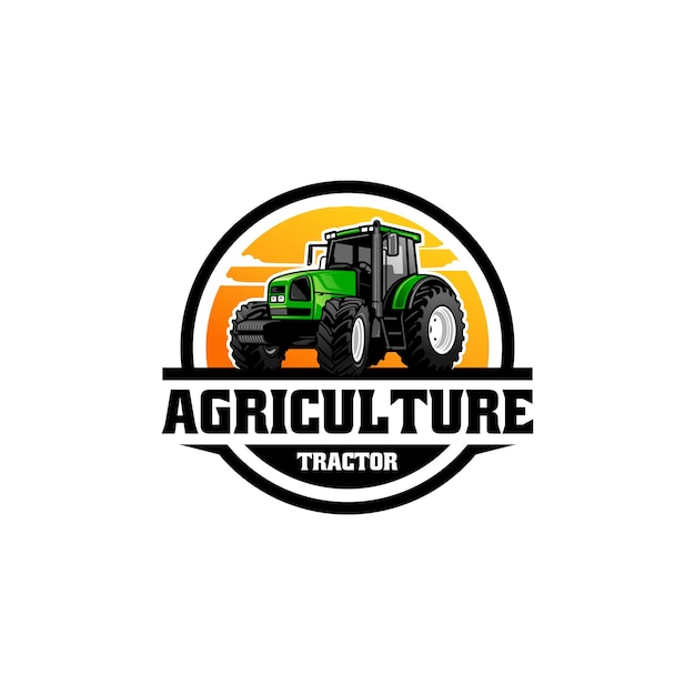 Trator agrícola verde com design de logotipo de fundo de céu com estilo de emblema