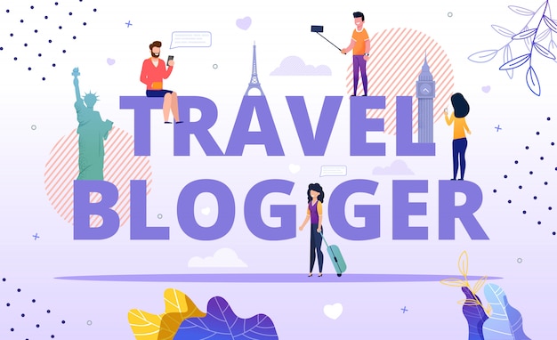 Vetor travel blogger advertising poster e pessoas felizes