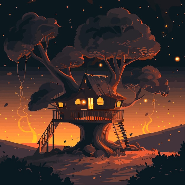 Vetor tree_house_in_forest_vector_illustration