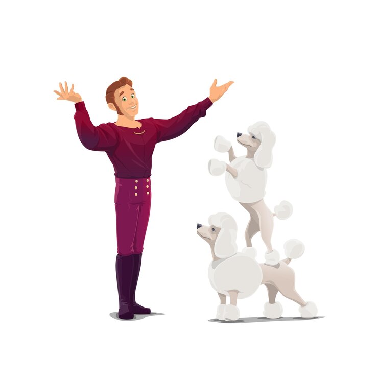 Vetor treinador de animais de circo com vetor de desenhos animados de poodles