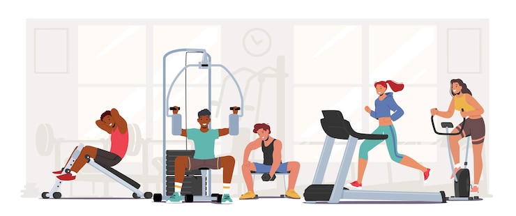 Vetor treinamento de fitness de pessoas no ginásio. personagens masculinos e femininos, exercitando com equipamento profissional, fazendo exercícios com peso, correr na esteira. atividade esportiva, vida saudável. ilustração em vetor de desenho animado