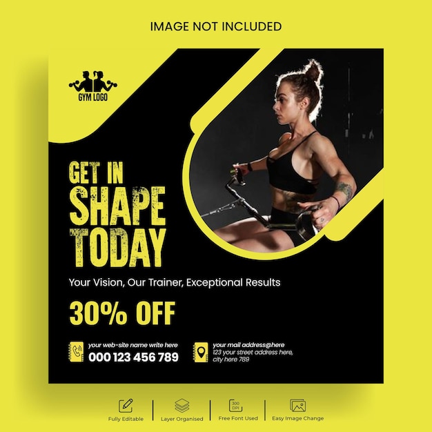 Treinamento de ginásio e fitness postagem no instagram e banner de mídia social design de modelo preto e amarelo