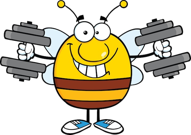 Vetor treinamento de mascote de desenho animado de abelha sorridente com ilustração em vetor de halteres