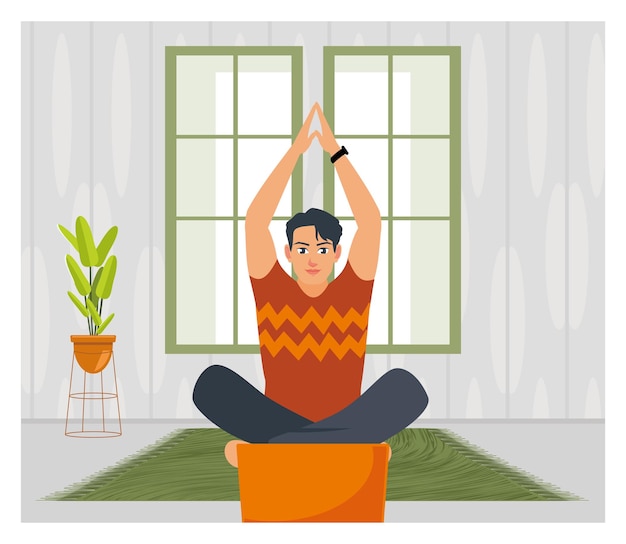 Treinamento on-line com gadgets Gente com relógio inteligente fazendo ioga em um ambiente doméstico relaxante