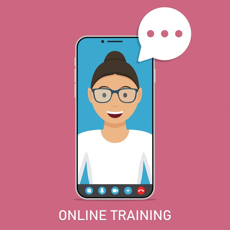 Vetor treinamento on-line com professor de vídeo no smartphone em um design plano