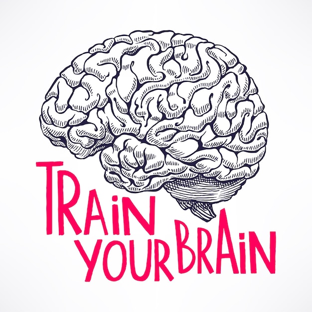 Treine seu cérebro. lindo cartão com um cérebro humano e citações motivacionais.