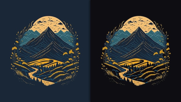 trekker nas montanhas da floresta exuberante vector tshirt ilustração de design gráfico