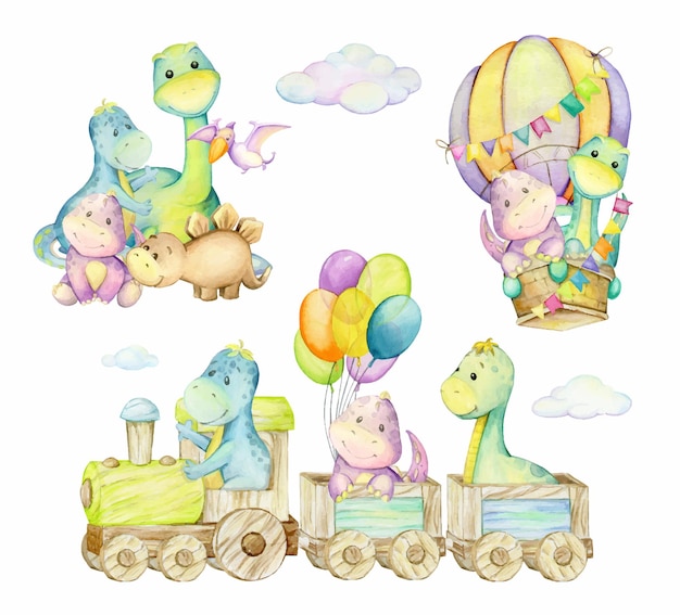 Trem de balão de balões de dinossauros fofos aquarela definida cliparts em estilo cartoon em um fundo isolado