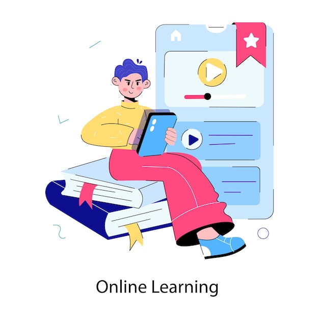 Vetor trendy doodle mini illustration of online learning
