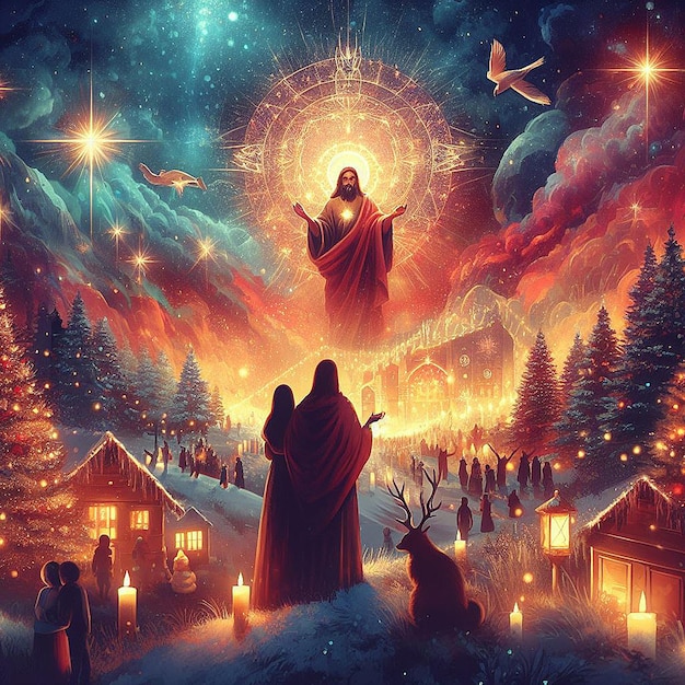 Trendy festivo natal natal cristão jesus árvore cena ilustração vetorial imagem de papel de parede