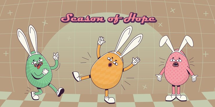 Vetor trendy groovy retro 70s easter web banner com peculiares ovos de páscoa em orelhas de coelho e temporada de esperança letras peculiares antigos personagens de desenhos animados e elementos