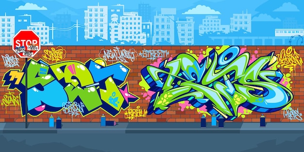 Trendy Outdoor Urban Graffiti Wall com desenhos de arte de rua contra o fundo da paisagem urbana