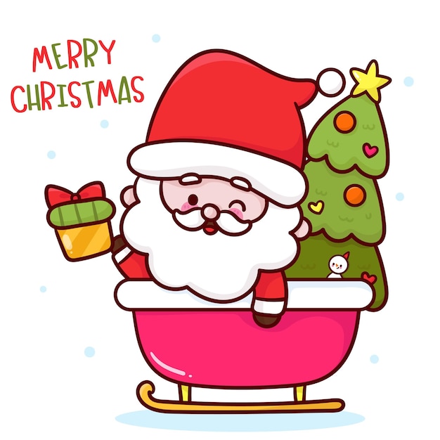 Trenó de Papai Noel e personagem kawaii de árvore de natal fofa