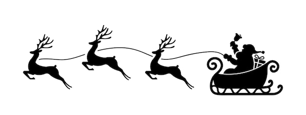 Trenó de papai noel e renas silhueta cheia de preto ilustração em vetor símbolo do dia de natal