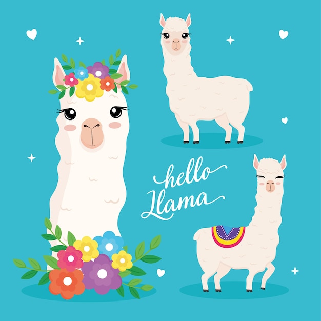 Três animais exóticos bonitos de alpacas e desenho de ilustração de letras