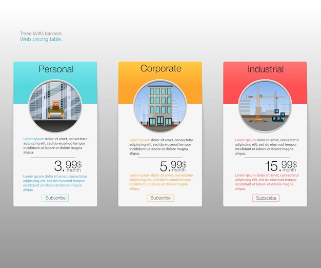 Três bandeiras de tarifas. tabela de preços da web. desenho vetorial para web app. lista de preços.
