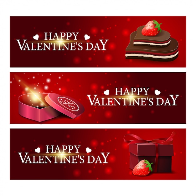 Três bandeiras vermelhas de saudação para o dia dos namorados com chocolates e presentes