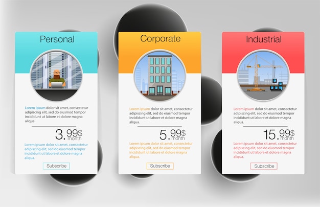 Três banners de tarifas. Tabela de preços da web. design para aplicativo da web. Lista de preços.