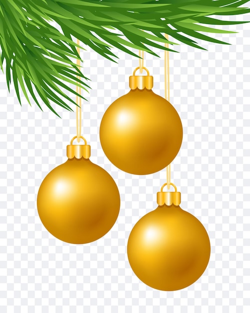 Vetor três bolas de natal douradas em um galho de árvore de natal clipart vetorial