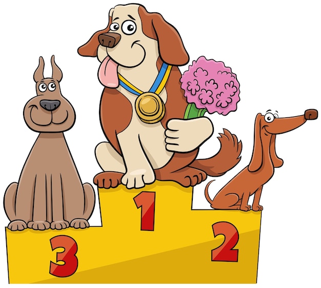 Três cães de desenho animado no pódio na exposição de cães