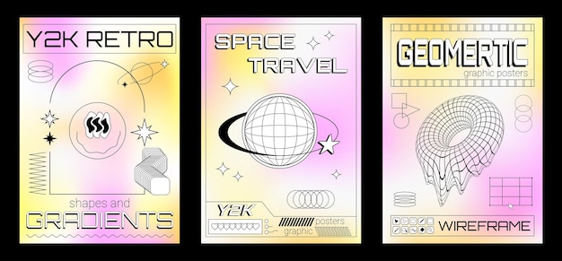 Três cartazes gráficos no estilo y2k com elementos geométricos quadros modelo wireframe planeta e deco